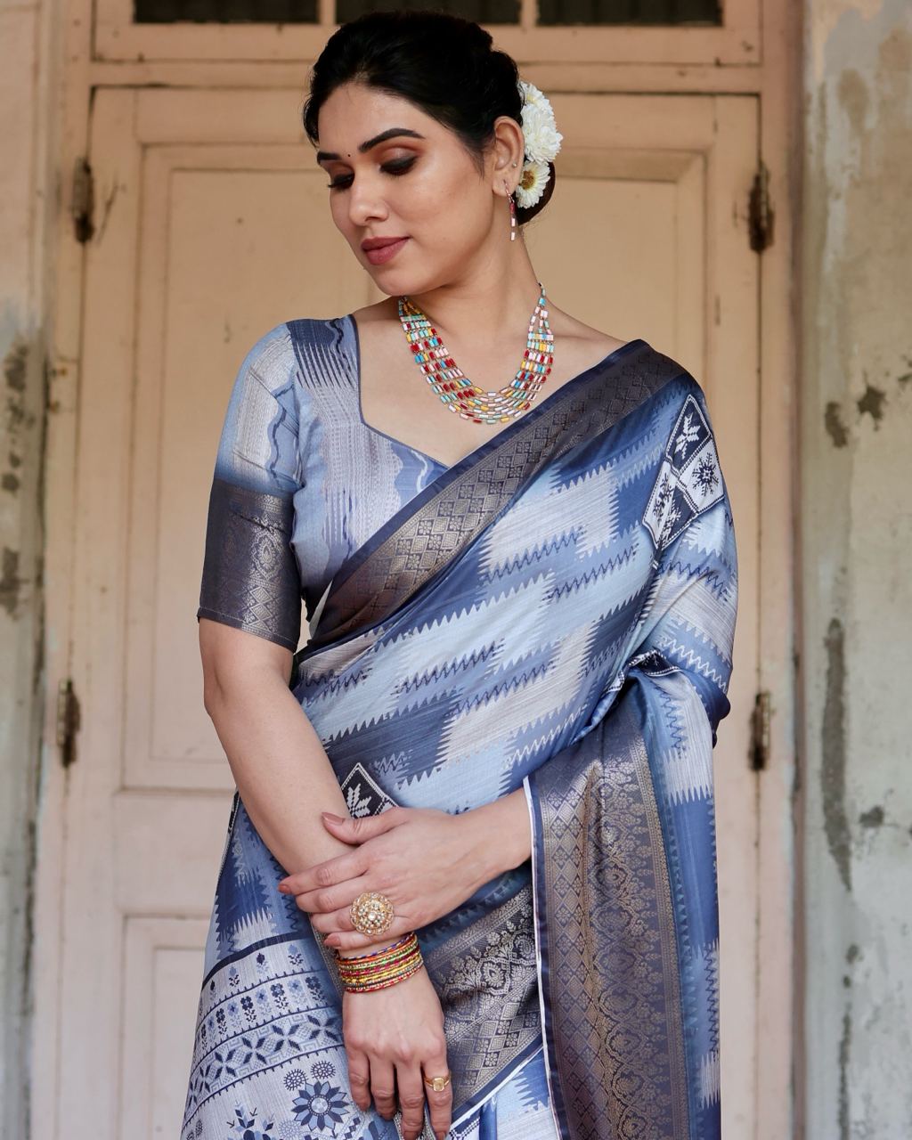 Blue White Digital Print Dolla Silk Party Wear Ethnic Saree With Blouse
