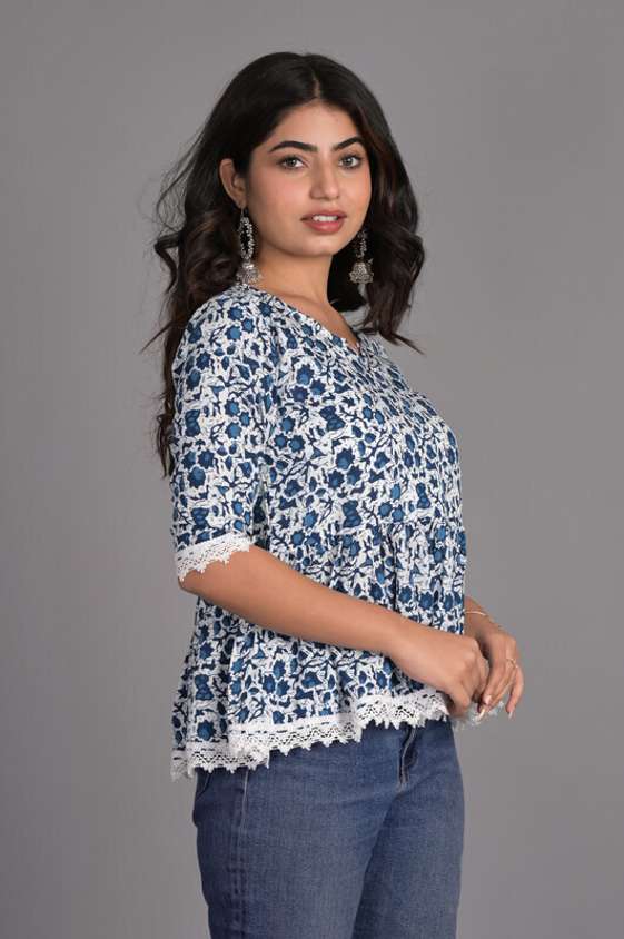 Cotton Sky Blue Casual Wear Printed Readymade Top
