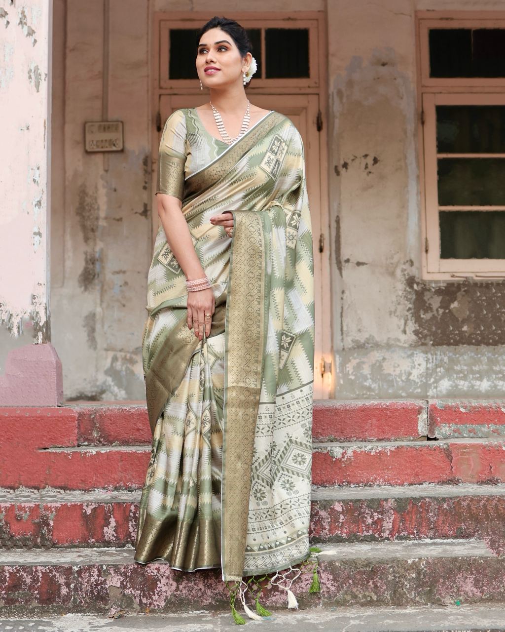 Green Digital Print Dolla Silk Party Wear Ethnic Saree With Blouse