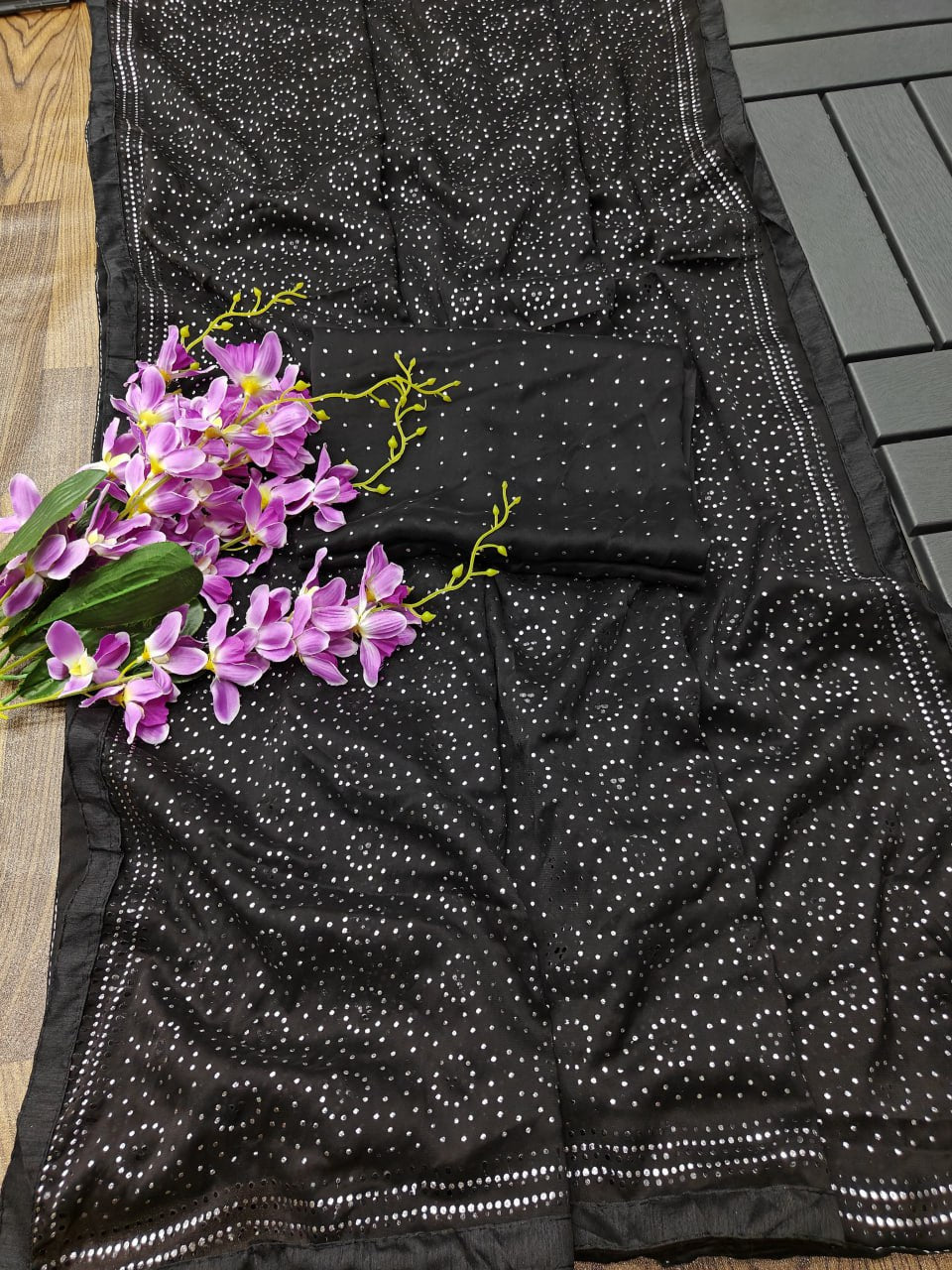 Black Swarovski Semi Crepe Designer Saree