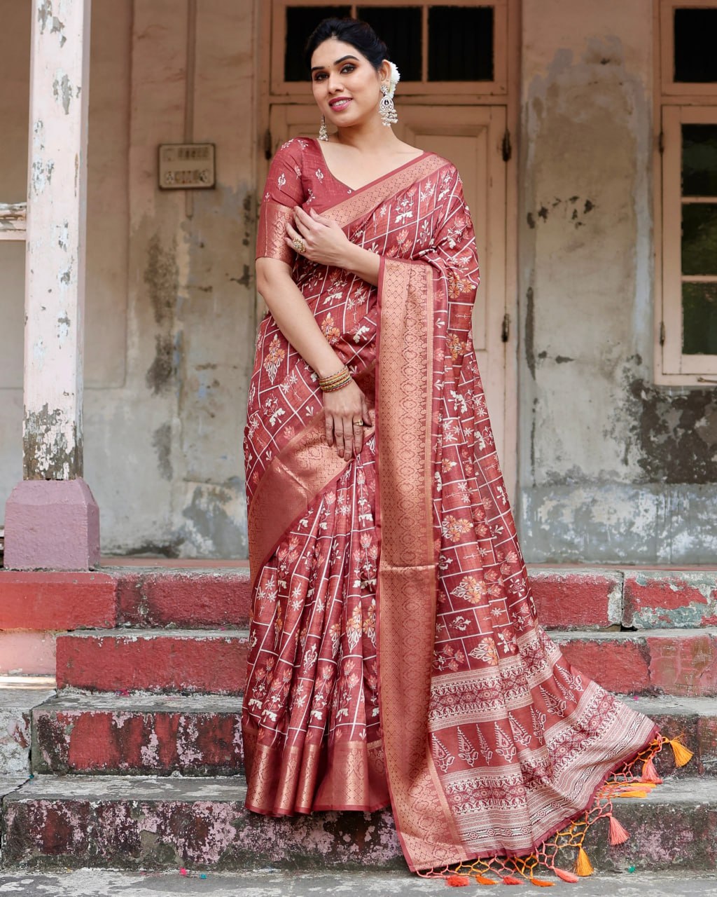 Marron Color Pure Silk Digital Printed Party Wear Saree