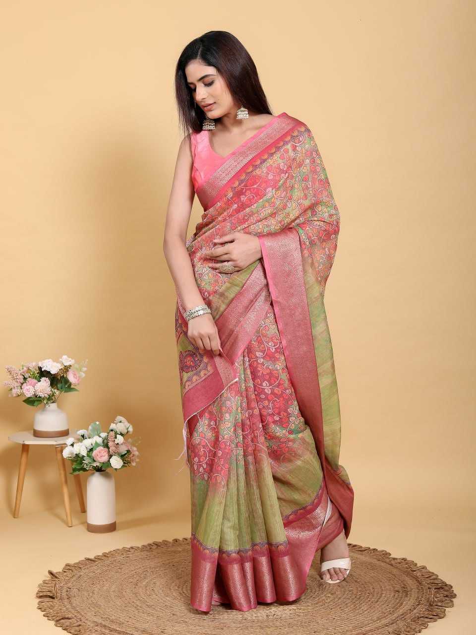 Premium Linen Cotton Saree with Jacquard Patta Weaving and Contrast Border