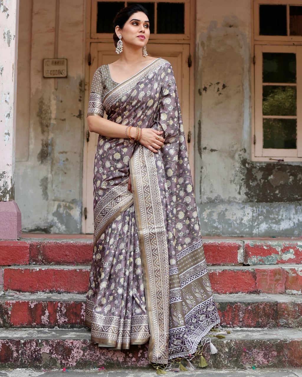 Mauve Taupe Pure Silk Digital Printed Saree