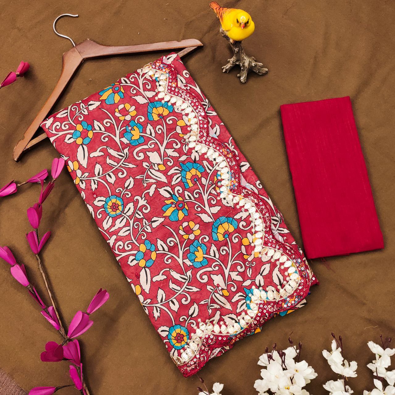 Beautiful Floral Digital Print saree with Gota Embroidery Work Border