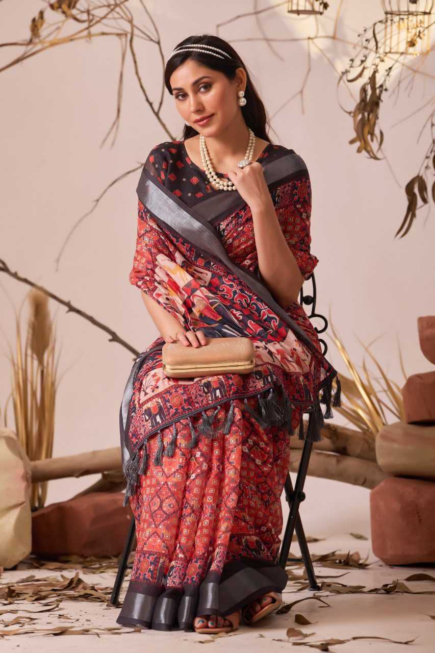 Premium Linen Cotton Saree with Digital Floral & Ethnic Print and Patola Style Contrast Border