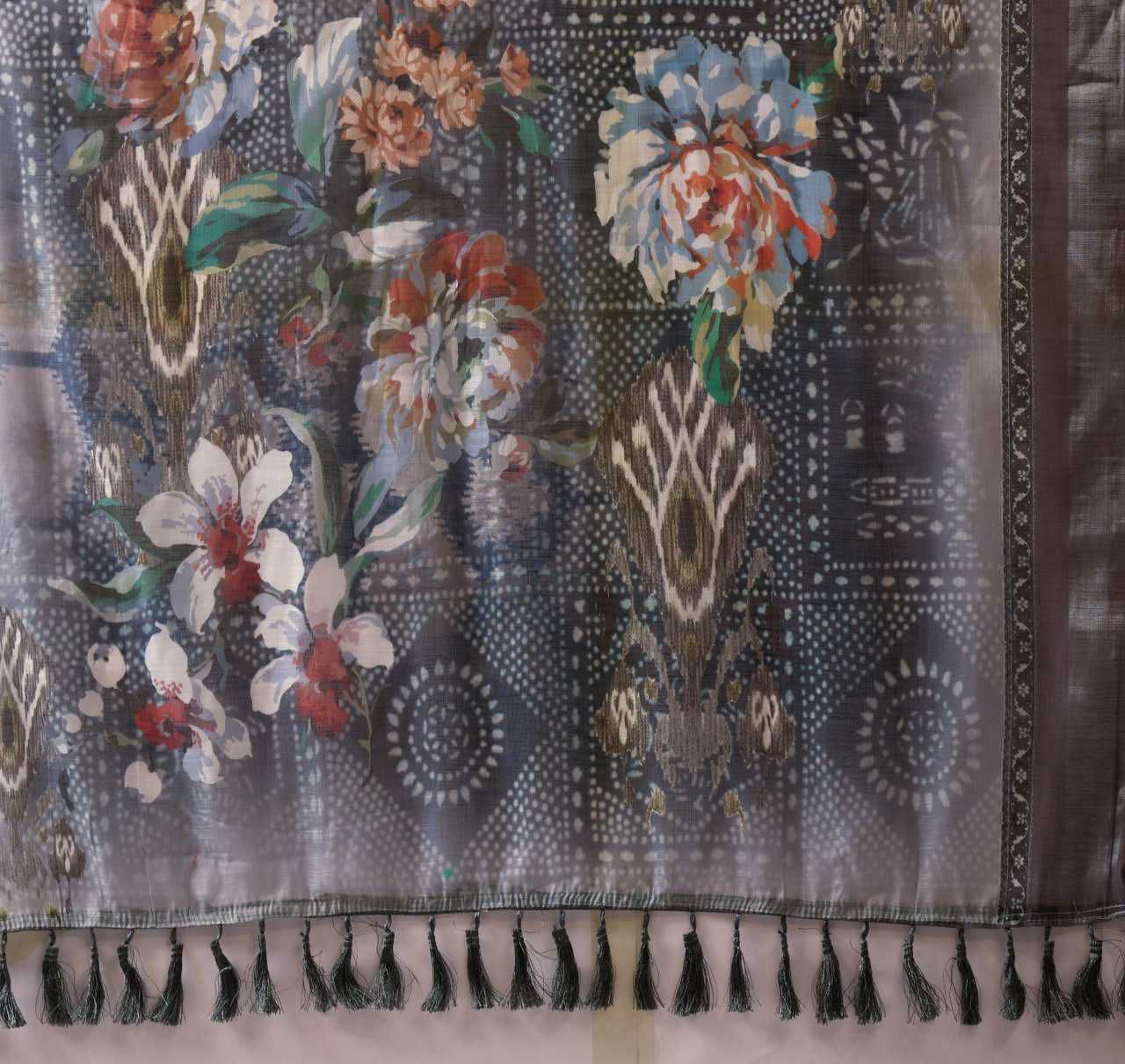 Premium Linen Cotton Saree with Digital Floral & Ethnic Print and Patola Style Border