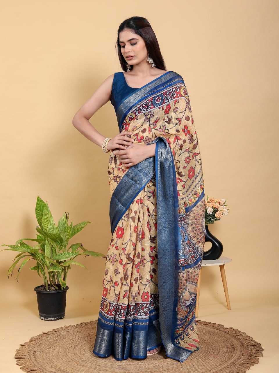Jacquard Patta Linen Cotton Saree with Floral Print & Peacock Motif Pallu