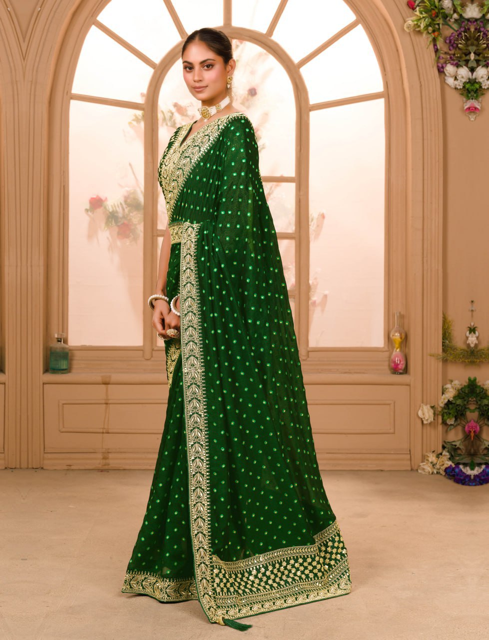 GREEN COLOUR ZARI SEQUENCE WORK DESIGNER SAREE WITH BLOUSE