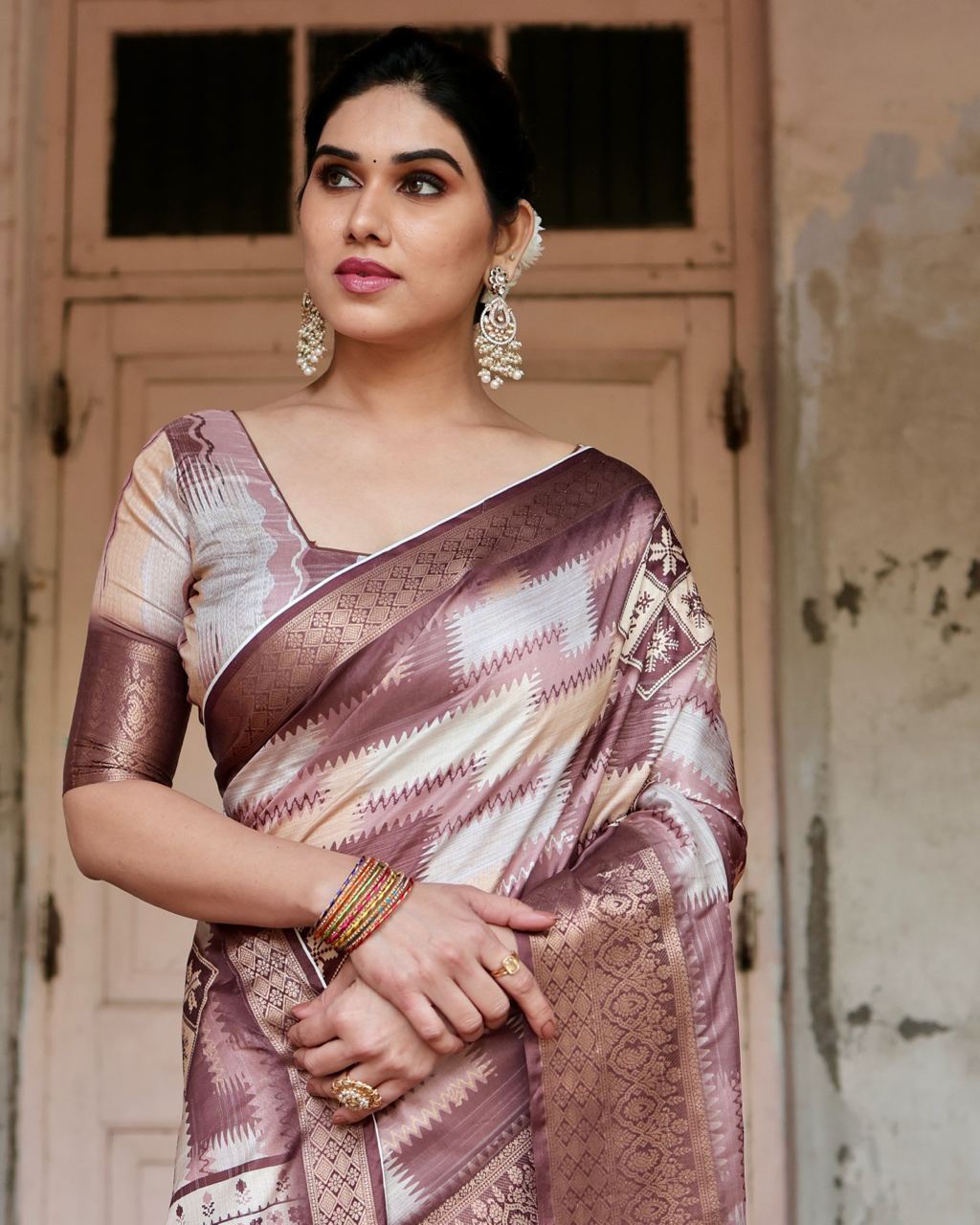 Brown Green Digital Print Dolla Silk Party Wear Ethnic Saree With Blouse
