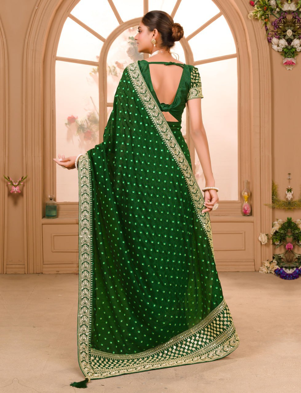 GREEN COLOUR ZARI SEQUENCE WORK DESIGNER SAREE WITH BLOUSE