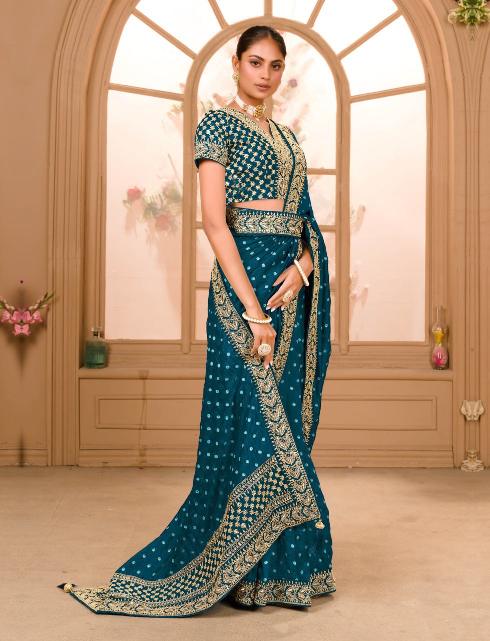 Blue COLOUR ZARI SEQUENCE WORK DESIGNER SAREE WITH BLOUSE