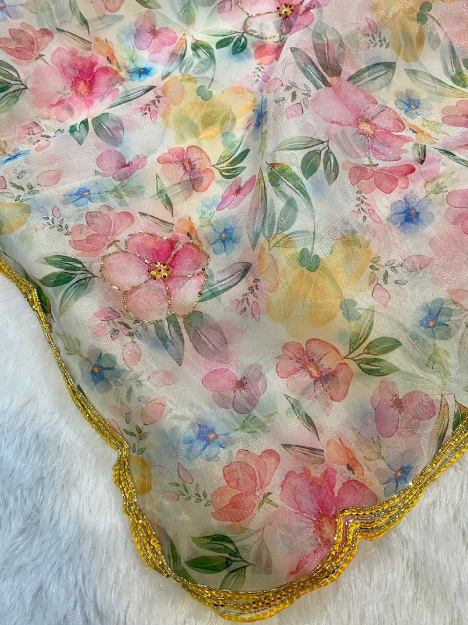 Pink Hand-embroidered Organza Silk Saree