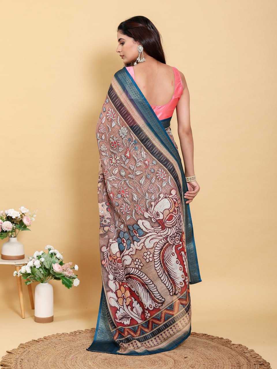 Jacquard Patta Linen Cotton Saree with Traditional Artistic Print & Teal Blue Border