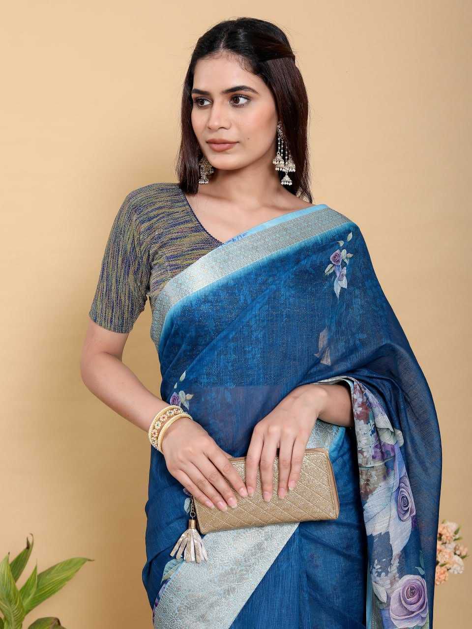 Floral Digital Print Jacquard Patta Linen Cotton Saree with Designer Blouse