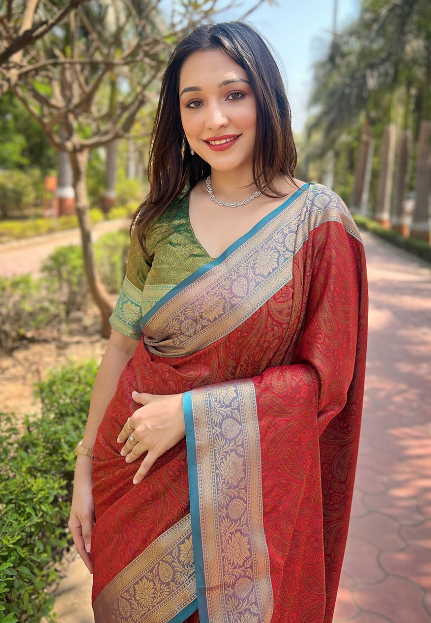 Zari Woven Soft Kashmiri Silk Saree Set