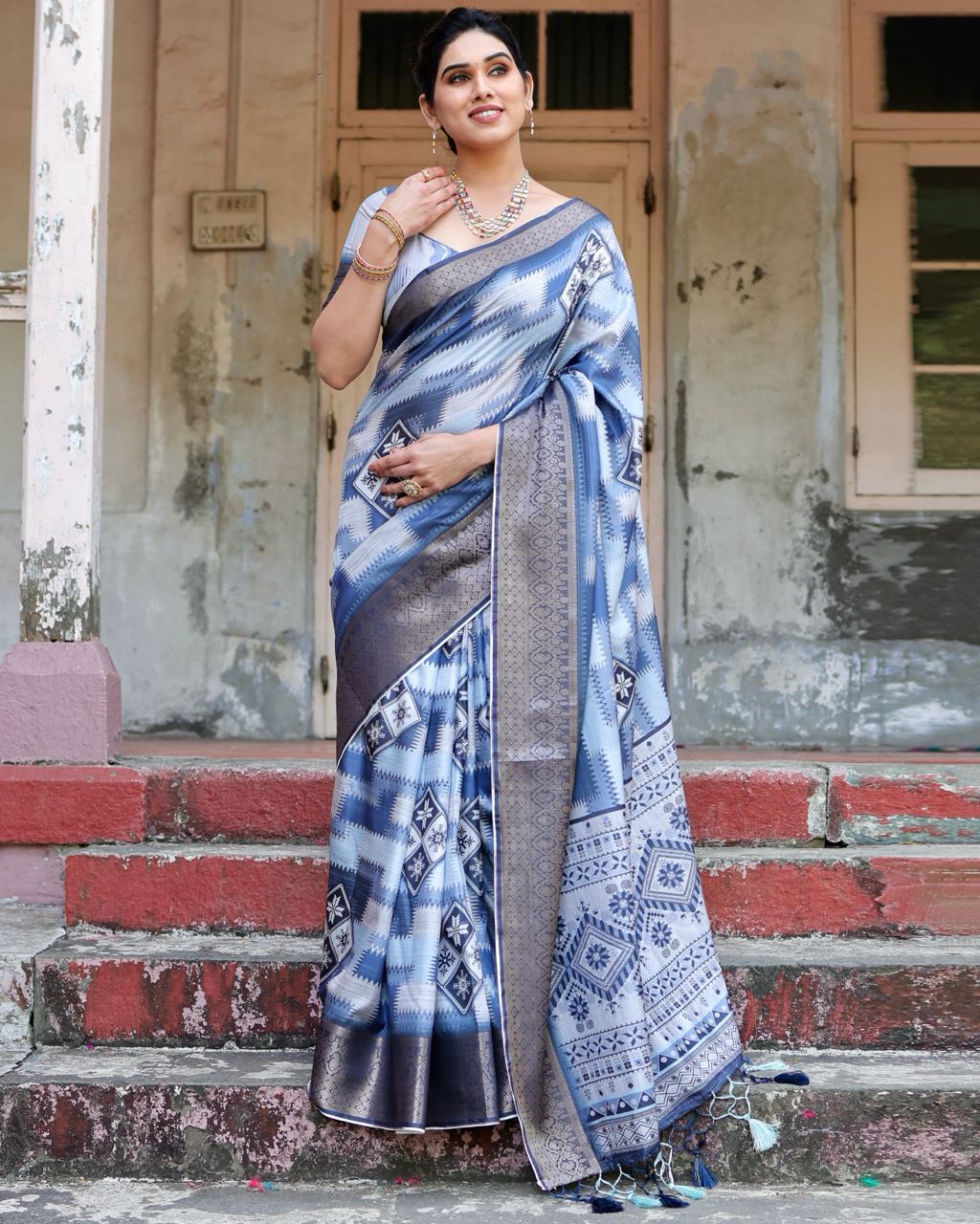 Blue White Digital Print Dolla Silk Party Wear Ethnic Saree With Blouse