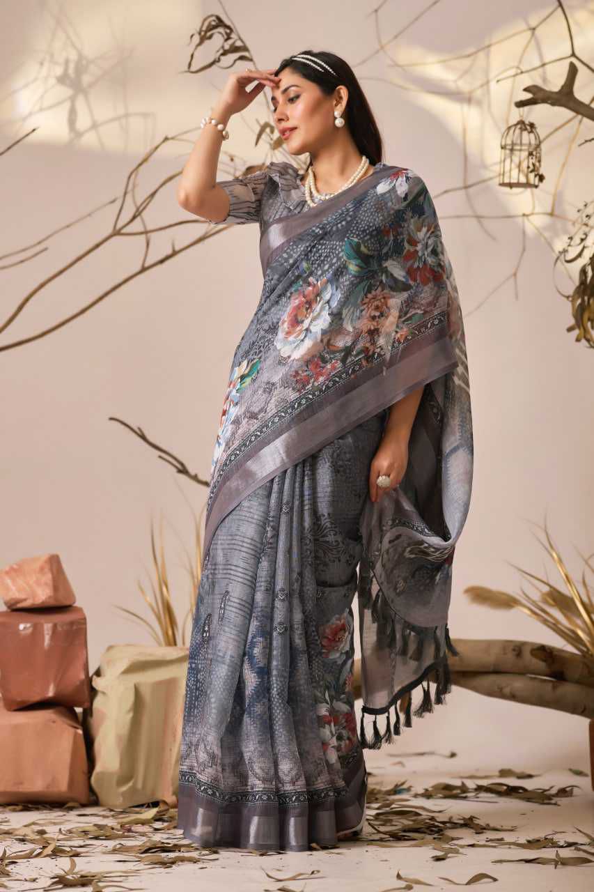 Premium Linen Cotton Saree with Digital Floral & Ethnic Print and Patola Style Border
