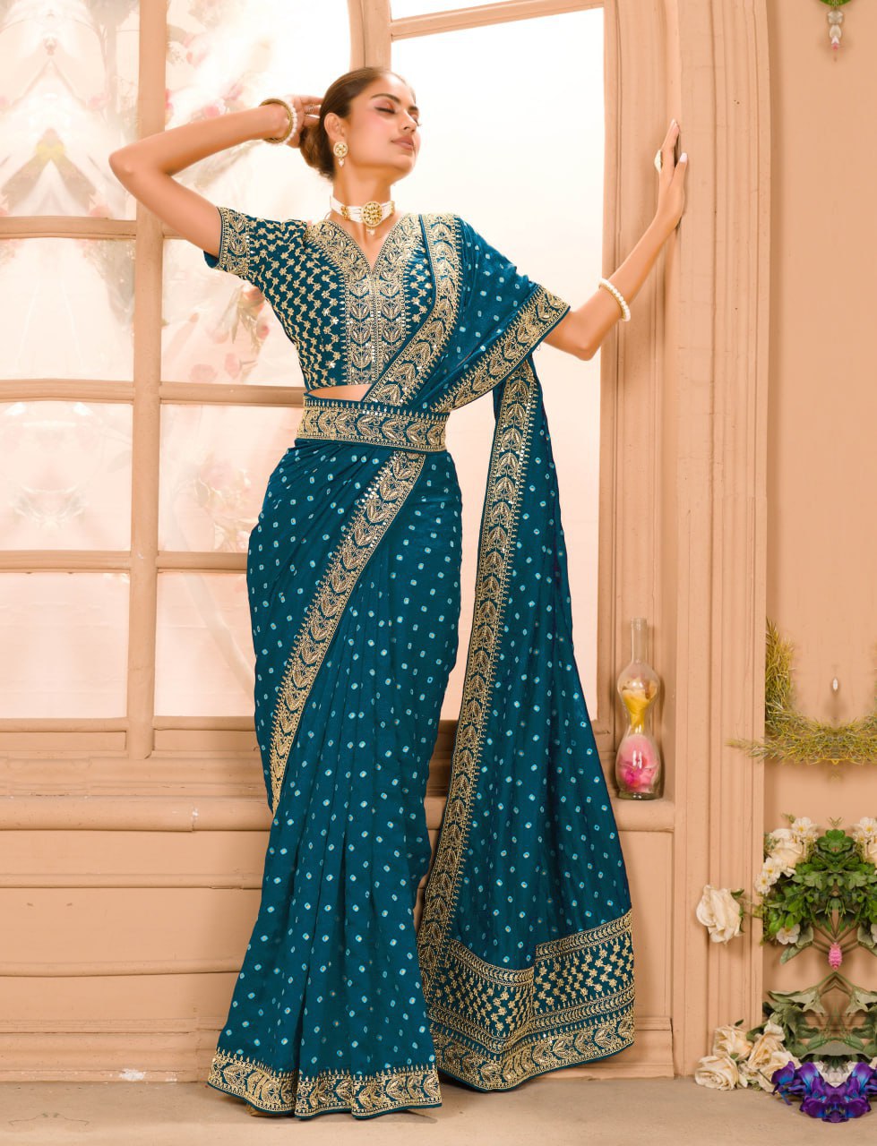 Blue COLOUR ZARI SEQUENCE WORK DESIGNER SAREE WITH BLOUSE