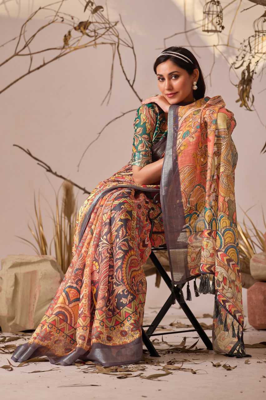 Premium Linen Cotton Saree with Digital Floral & Royal Ethnic Print and Patola Style Border