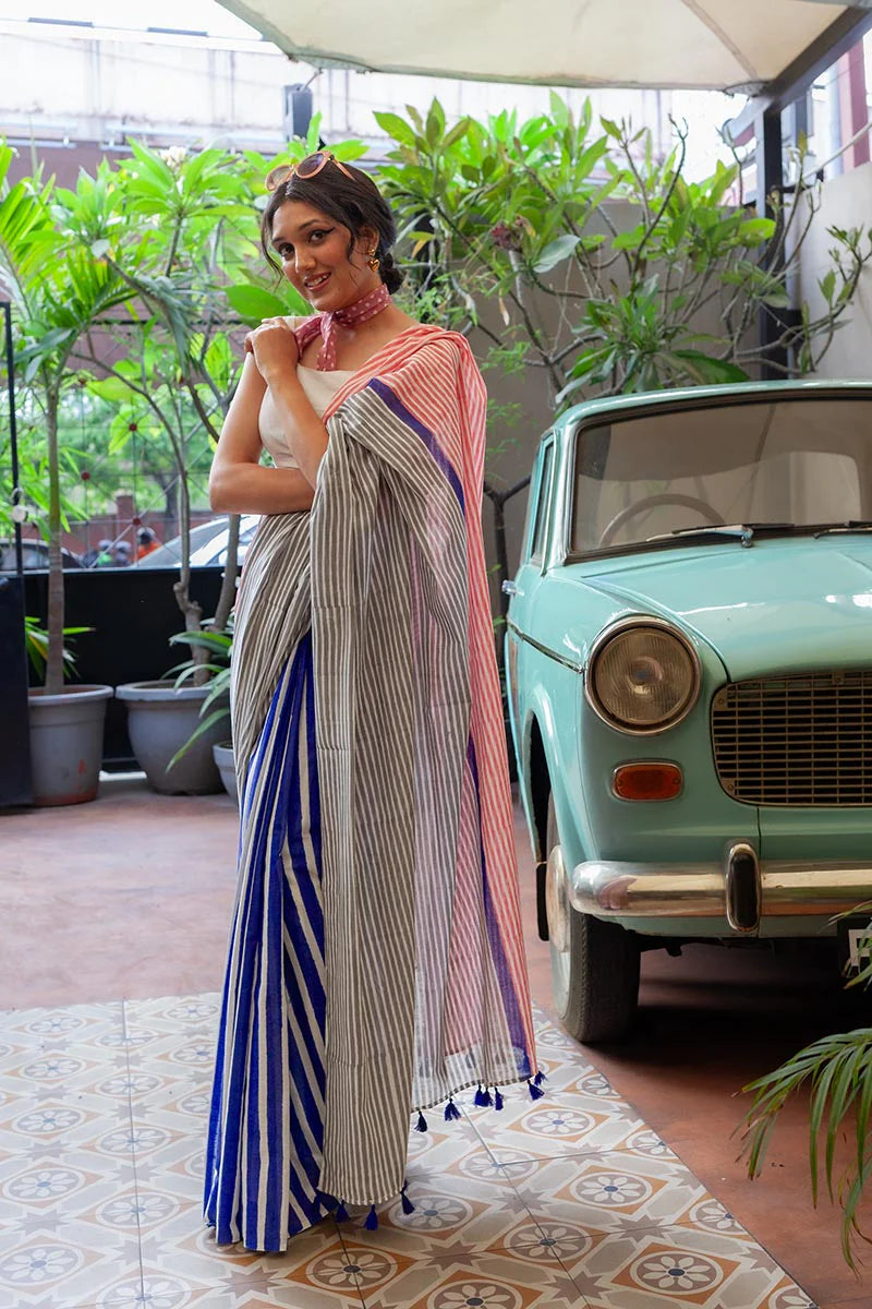 Linen Digital Print Saree with Fumka Detailing