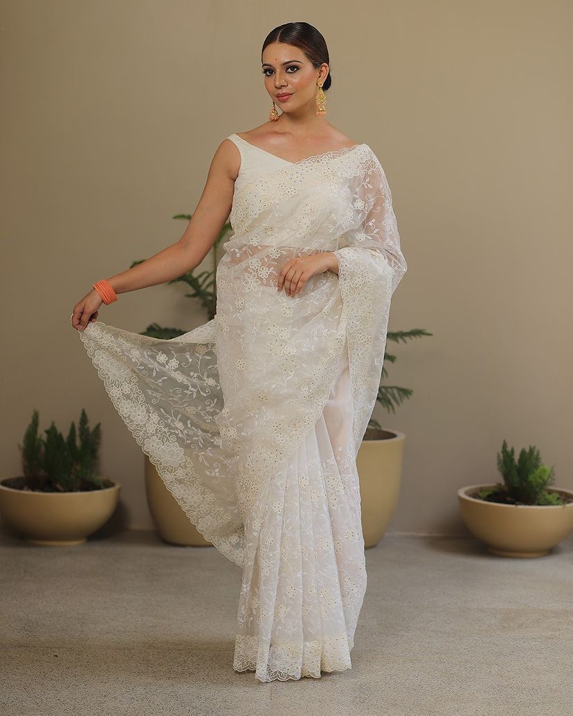 Pure soft Off-white silk organza saree