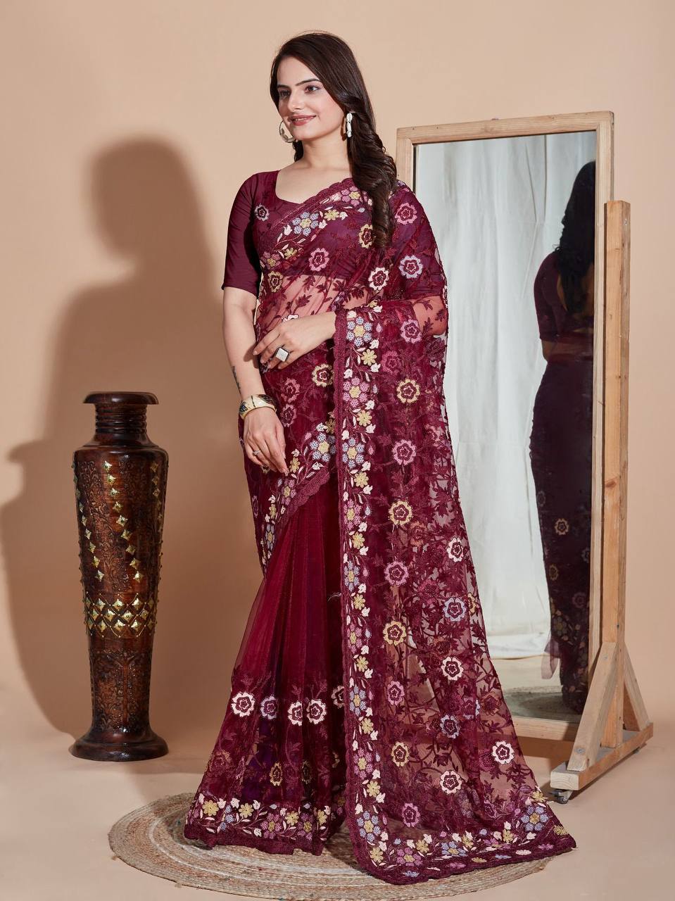 Butterfly Soft Net fabric with Embroider work and Multi work cut border Saree