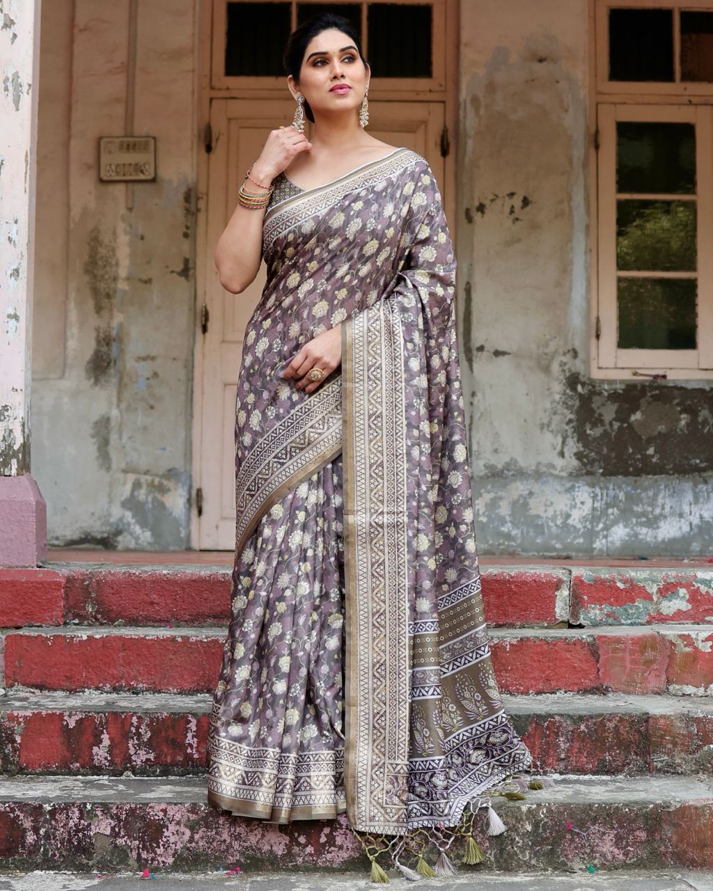 Mauve Taupe Pure Silk Digital Printed Saree