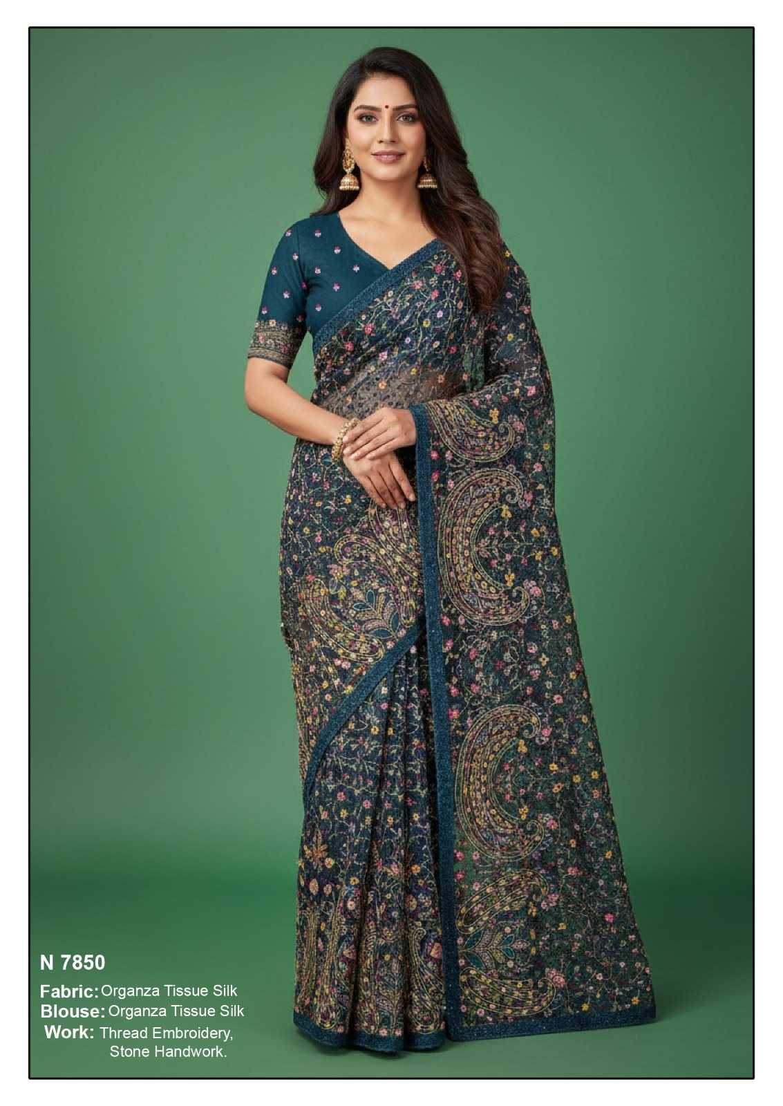 Organza Embroidered and Thread Work Contemporary Sari for Ceremonial