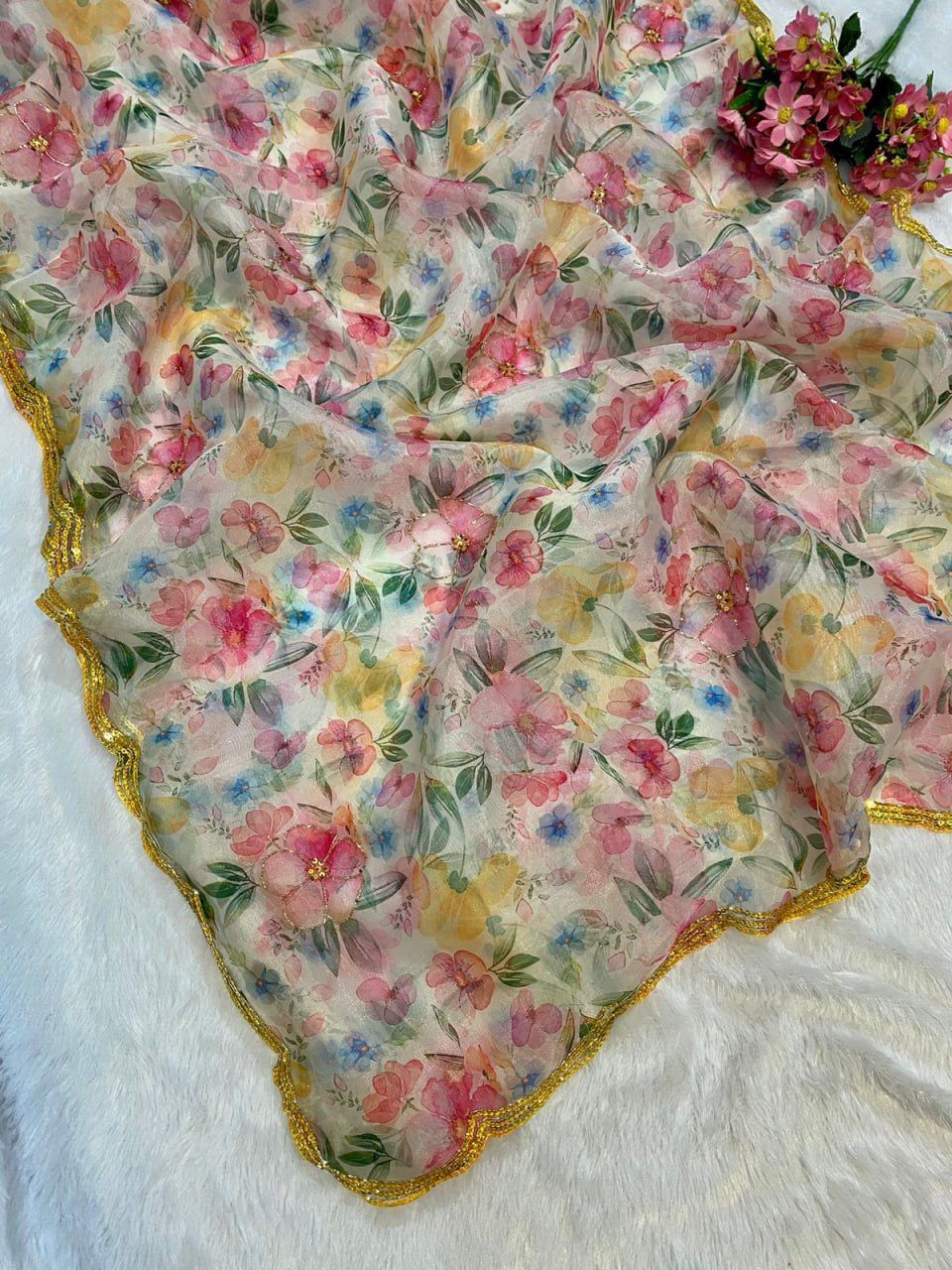 Pink Hand-embroidered Organza Silk Saree