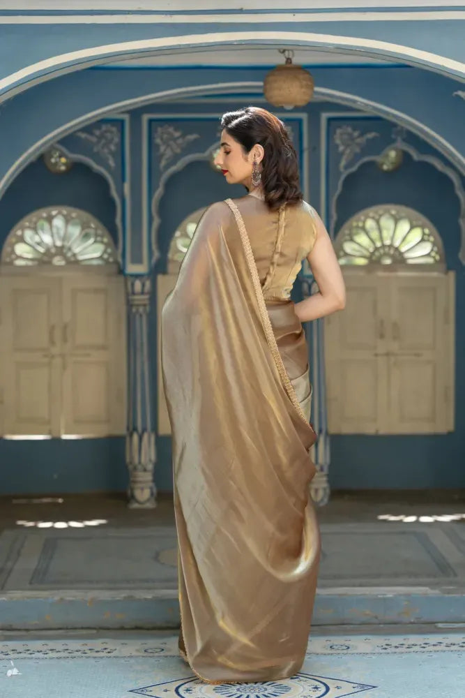 Coffee Saree in Pure Jimmy Silk With Lace Border Party Wear Saree in Coffee