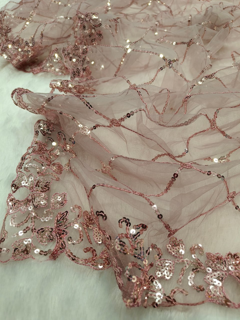 Beautiful sequins Saree Embroidery C Pallu Work with Cutwork in border