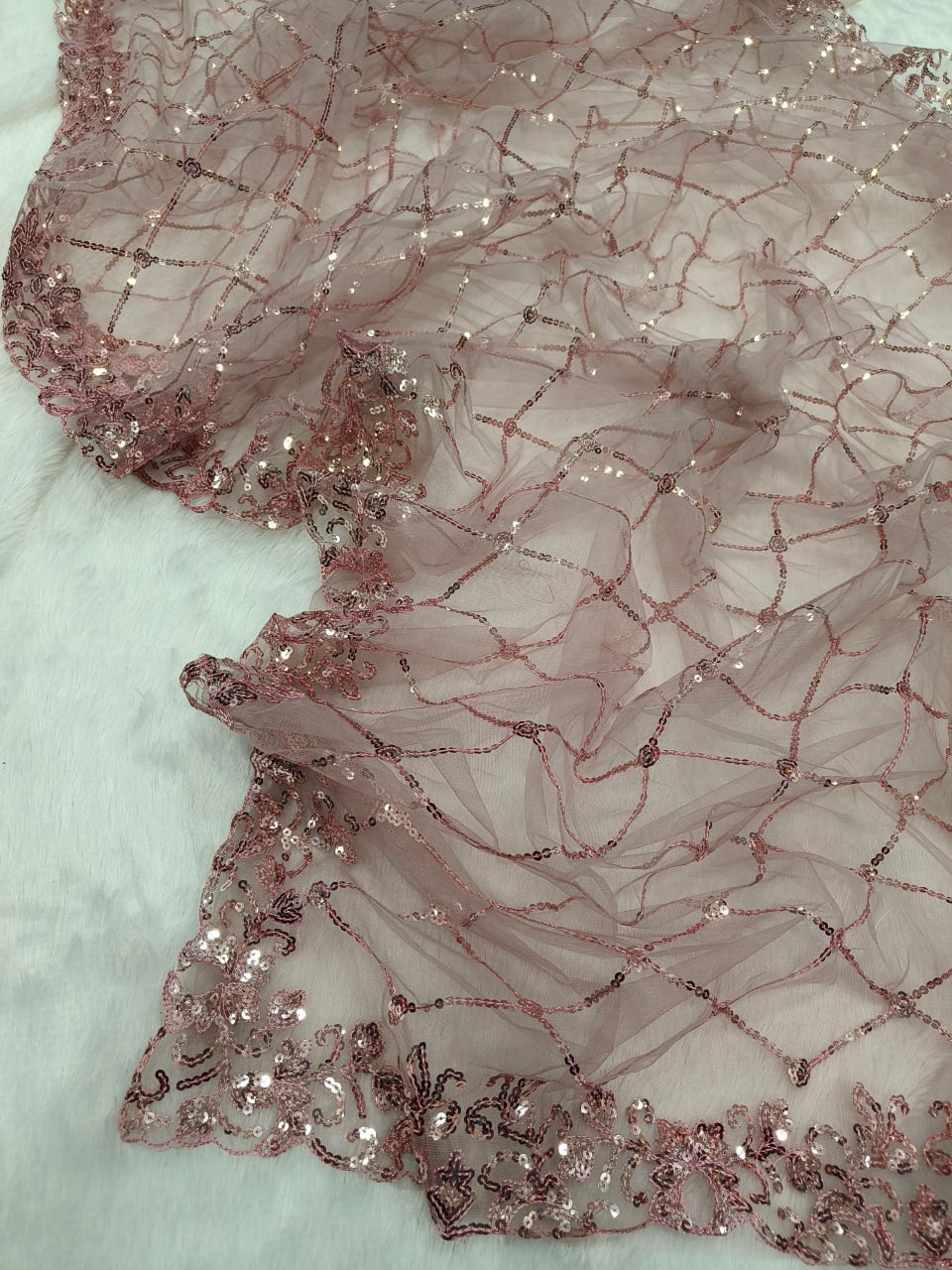 Beautiful sequins Saree Embroidery C Pallu Work with Cutwork in border