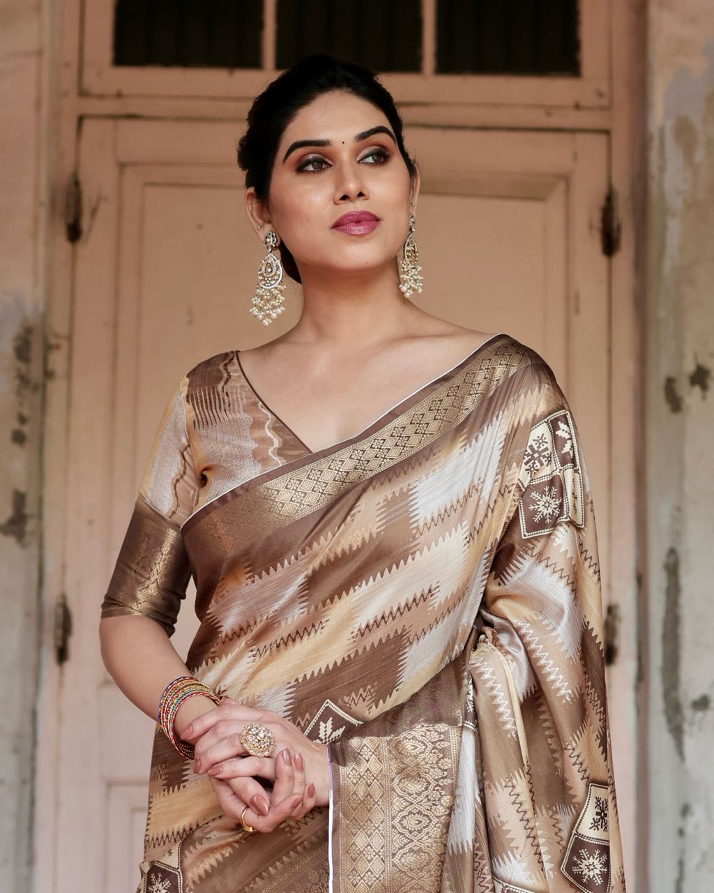 Coffee Digital Print Dolla Silk Party Wear Ethnic Saree With Blouse