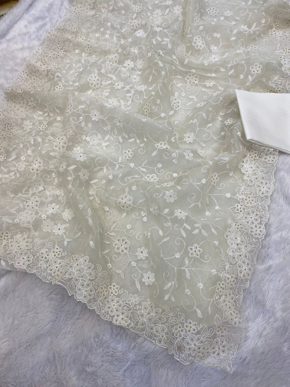 Pure soft Off-white silk organza saree