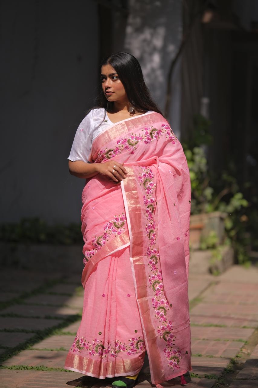 Embroidery Soft Linen Designer Sarees