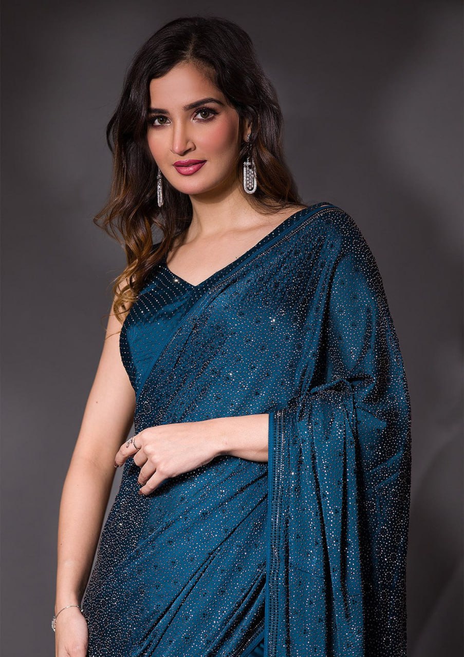 Peacock Blue Swarovski Semi Crepe Designer Saree