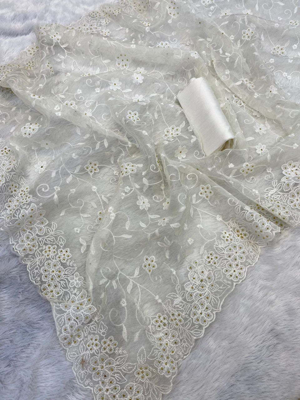 Pure soft Off-white silk organza saree