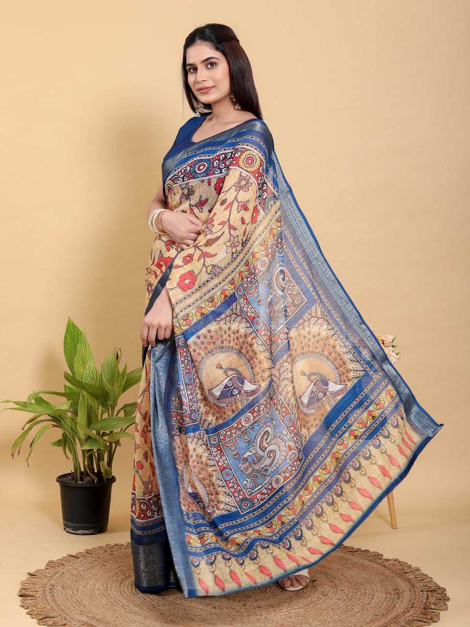 Jacquard Patta Linen Cotton Saree with Floral Print & Peacock Motif Pallu