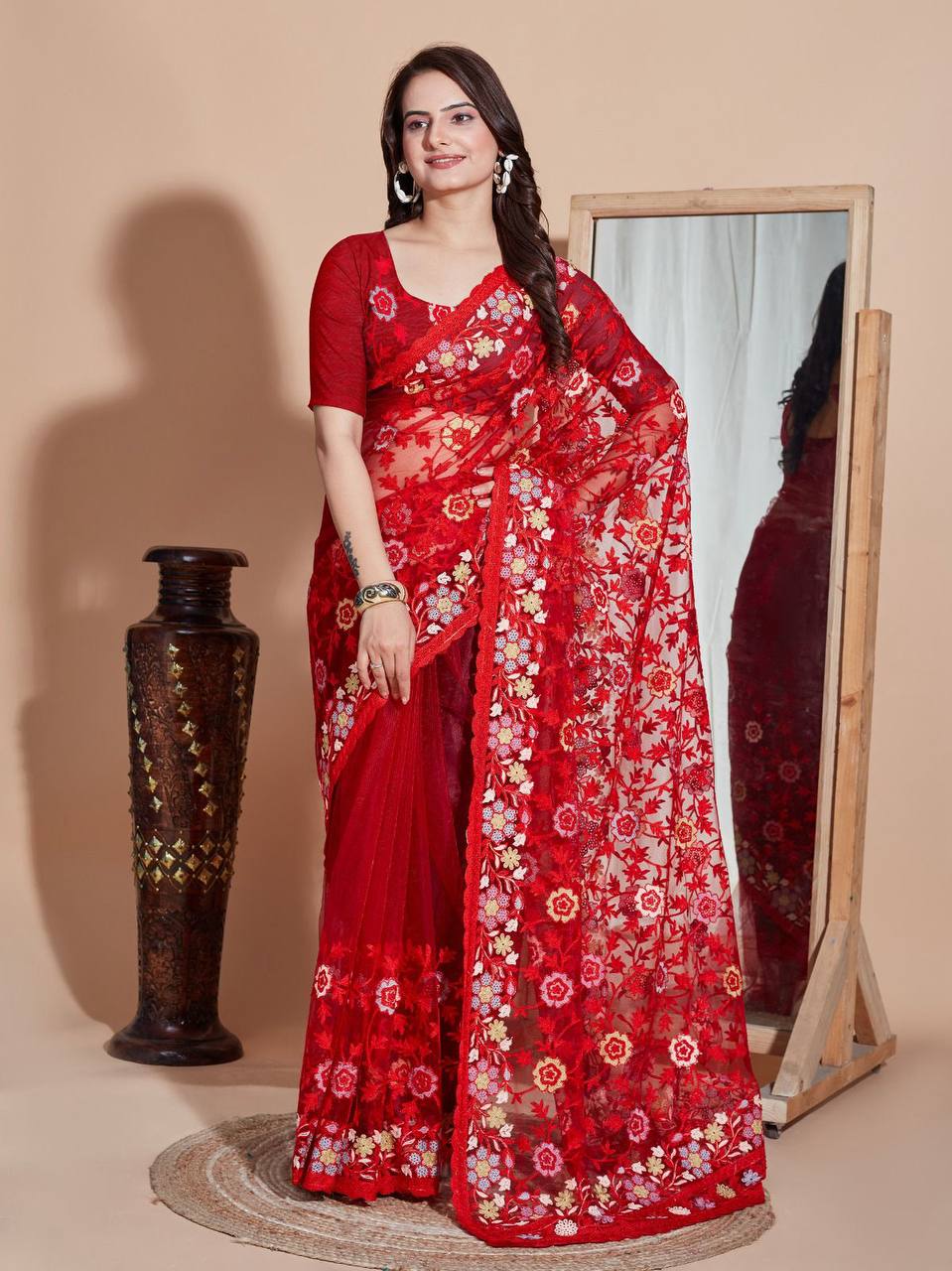 Butterfly Soft Net fabric with Embroider work and Multi work cut border Saree