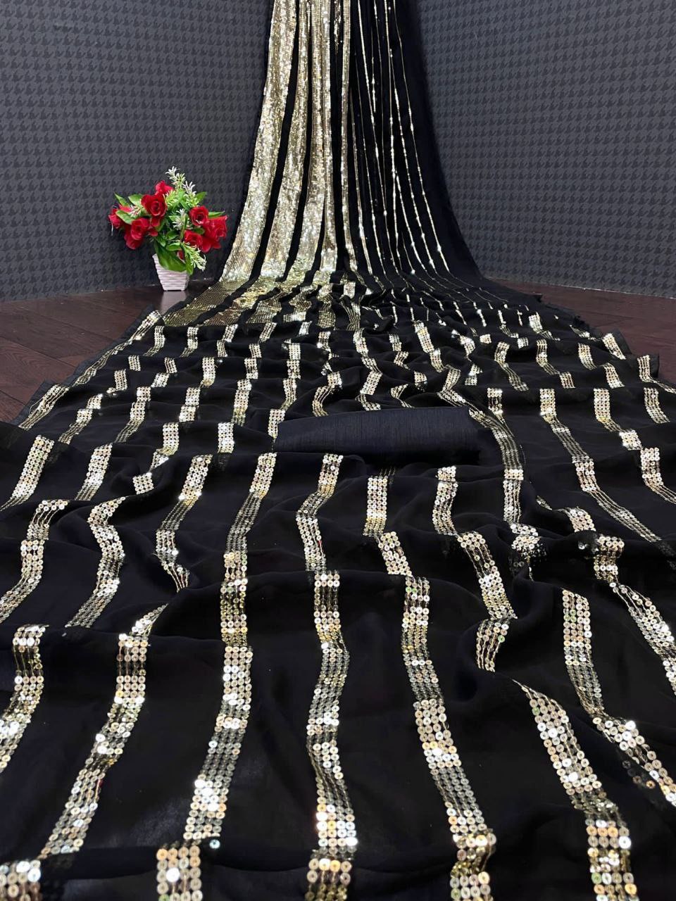 Black Color Georgette Sequence Designer Saree