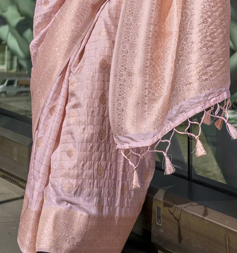 Pure Katan Silk Checks Handloom Weaving Saree (Light Pink)