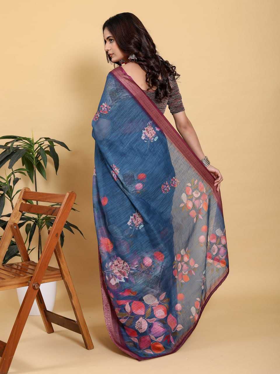 Jacquard Patta Linen Cotton Saree with Digital Floral Print & Maroon Zari Border