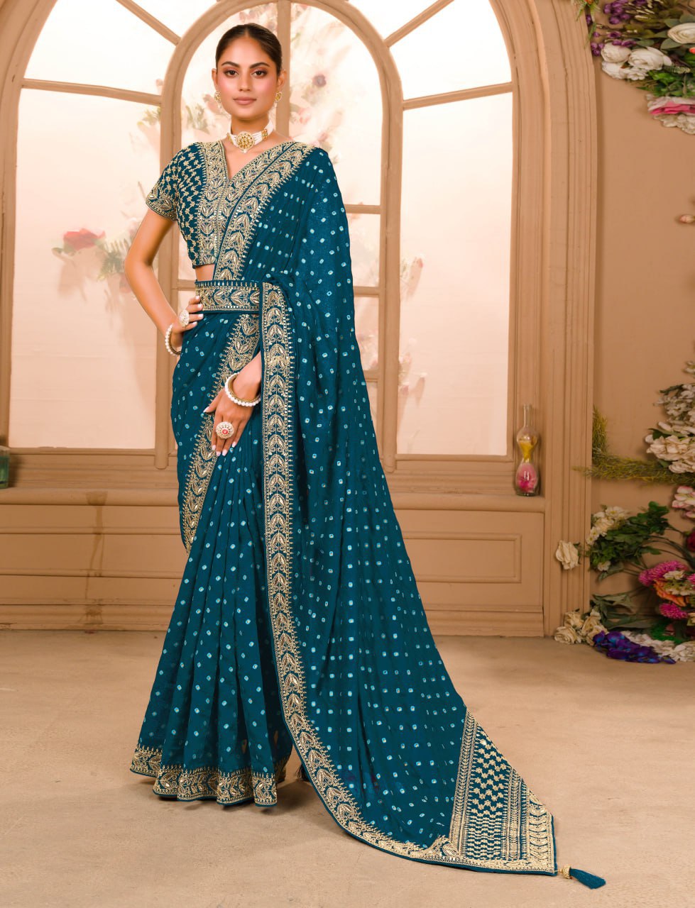 Blue COLOUR ZARI SEQUENCE WORK DESIGNER SAREE WITH BLOUSE