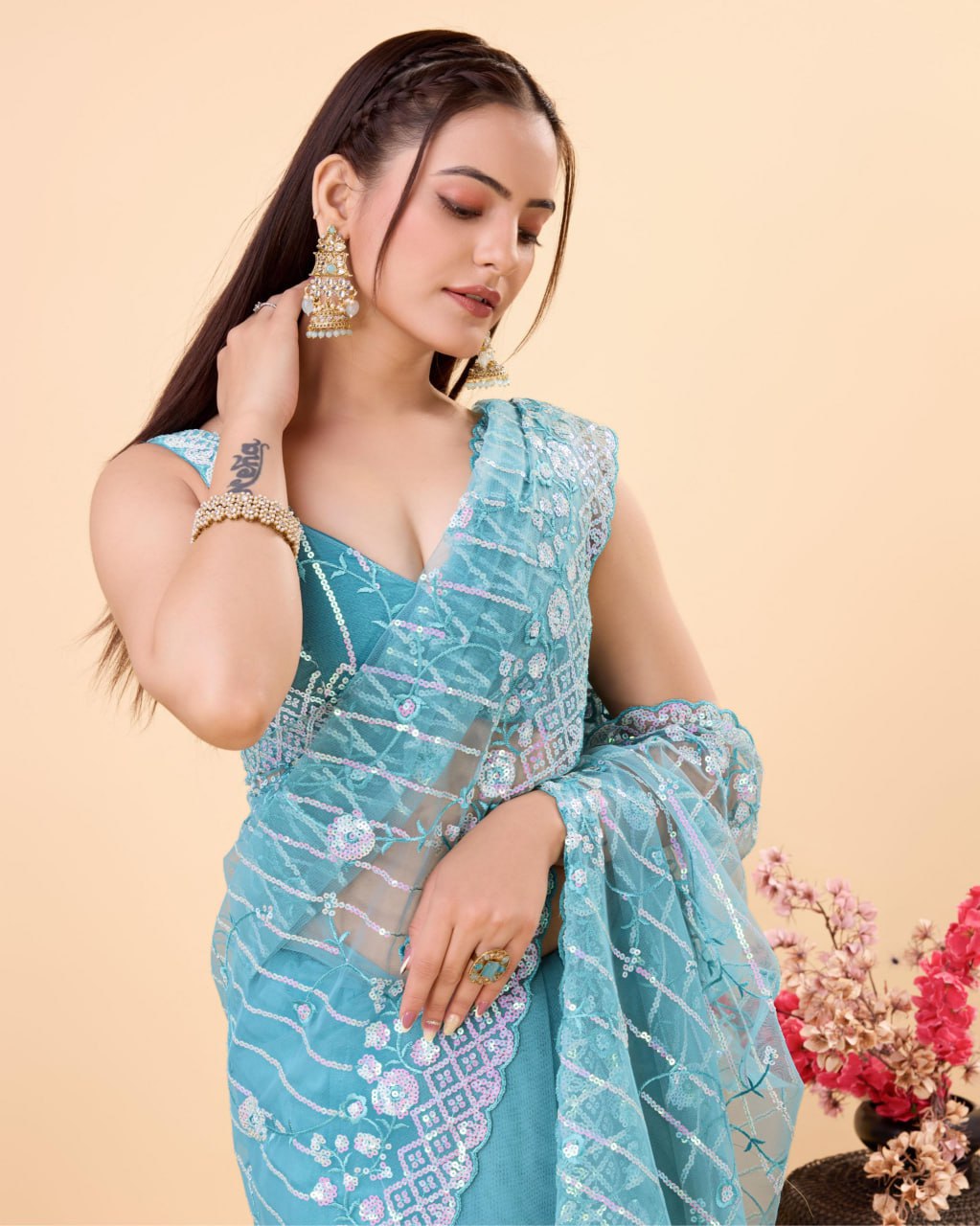 Beautiful Designer Saree on Soft Net fabric & Sequance work and whole sarees