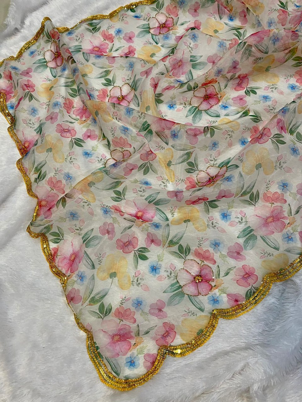 Pink Hand-embroidered Organza Silk Saree