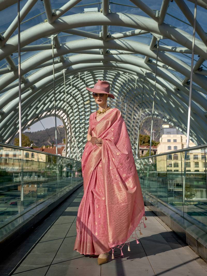 Pure Katan Silk Checks Handloom Weaving Saree (Pink)