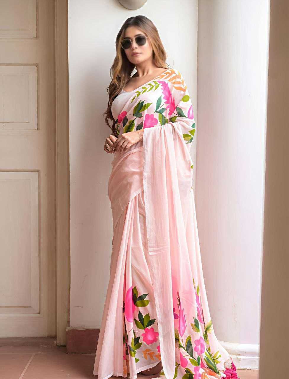 Hand Painted Flamingo Mulmul Cotton Saree