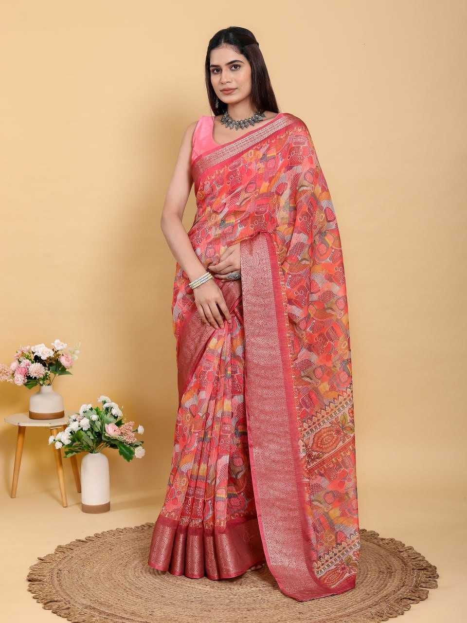 Jacquard Patta Linen Cotton Saree with Artistic Print