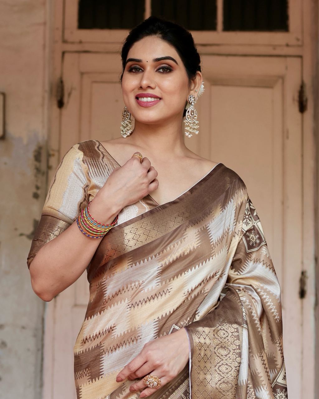 Coffee Digital Print Dolla Silk Party Wear Ethnic Saree With Blouse