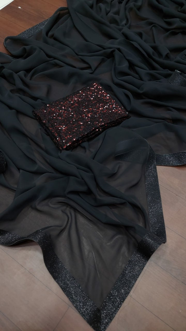 Black georgette Saree work : black sparkle lace border on saree